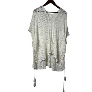 Unbranded Women One Size Crochet Embroidery White Cover Up Tunic Poncho Thrashed